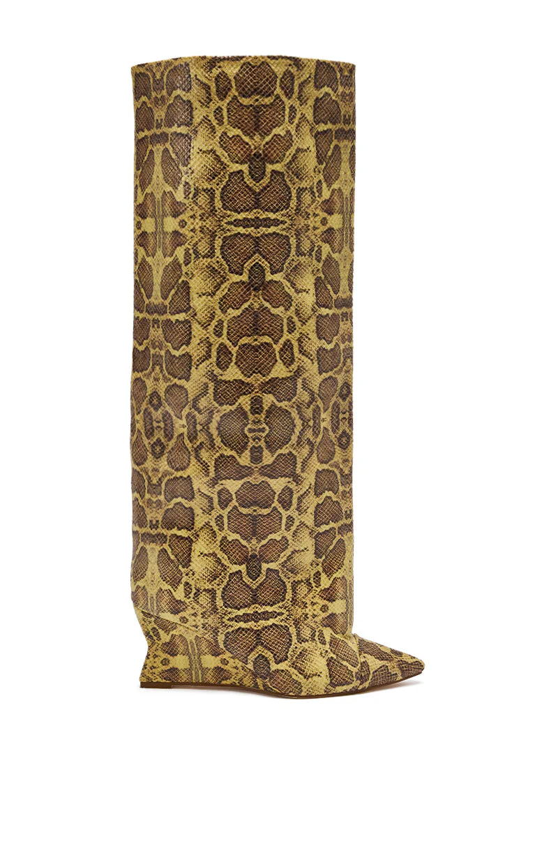 AZALEA WANG KENYA YELLOW SNAKE PRINT KNEE HIGH WEDGE BOOT - Image 3