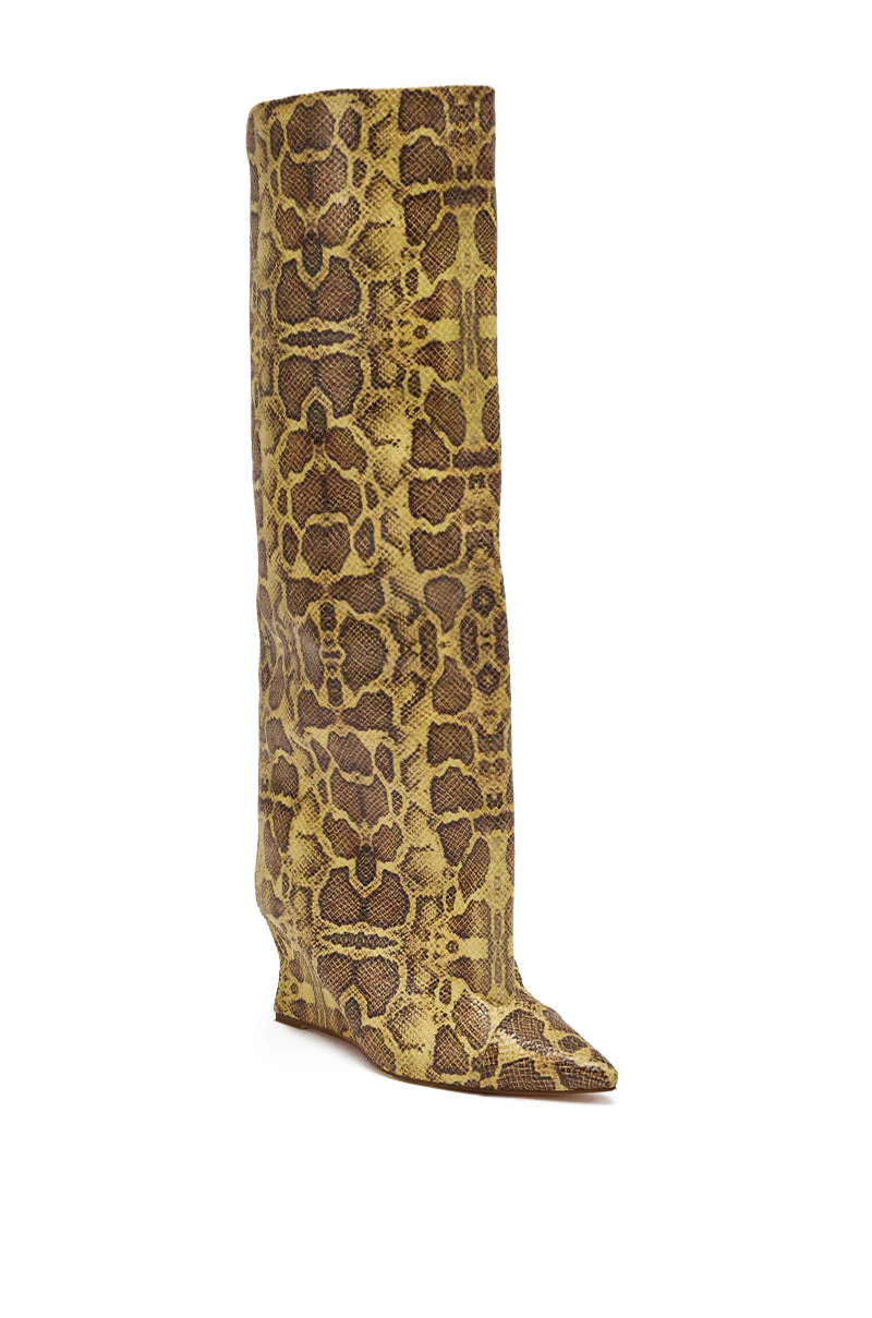 AZALEA WANG KENYA YELLOW SNAKE PRINT KNEE HIGH WEDGE BOOT - Image 4
