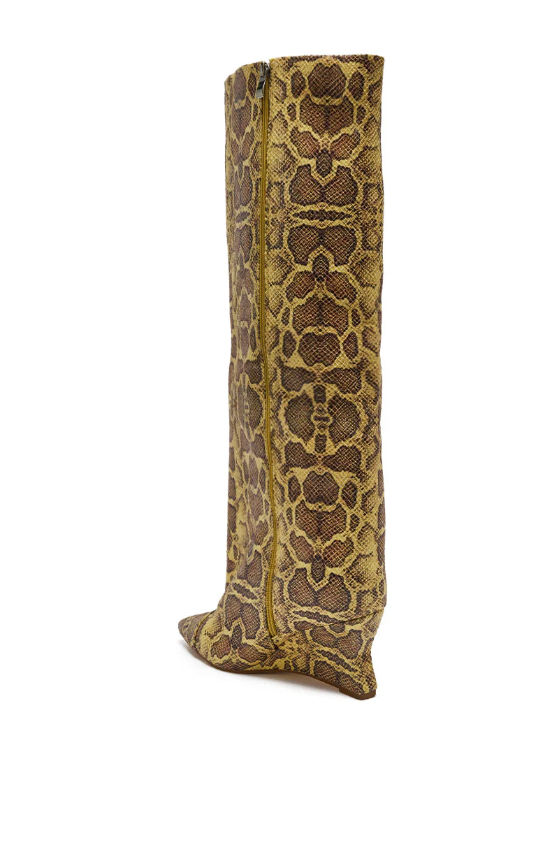 AZALEA WANG KENYA YELLOW SNAKE PRINT KNEE HIGH WEDGE BOOT - Image 5