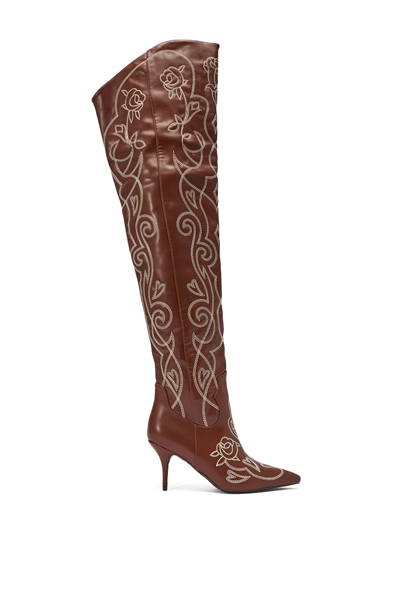 AZALEA WANG KETA BROWN WESTERN THIGH HIGH STILETTO BOOT - Image 4