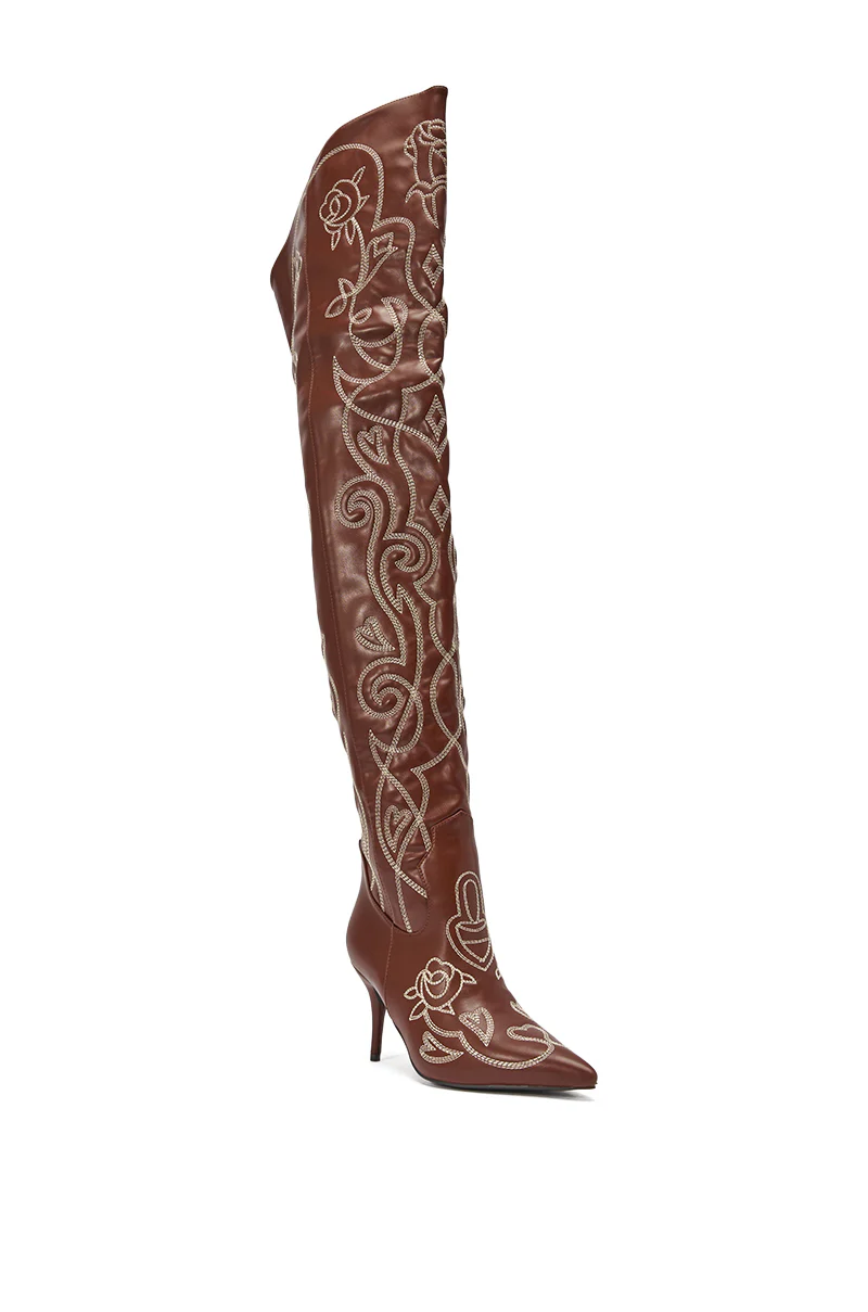 AZALEA WANG KETA BROWN WESTERN THIGH HIGH STILETTO BOOT - Image 5