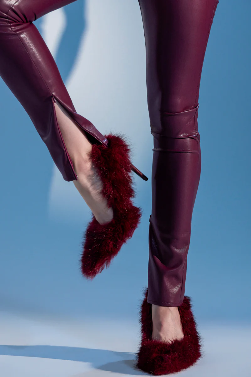 AZALEA WANG KURT BURGUNDY FUR EMBELLISHED PUMP - Image 3