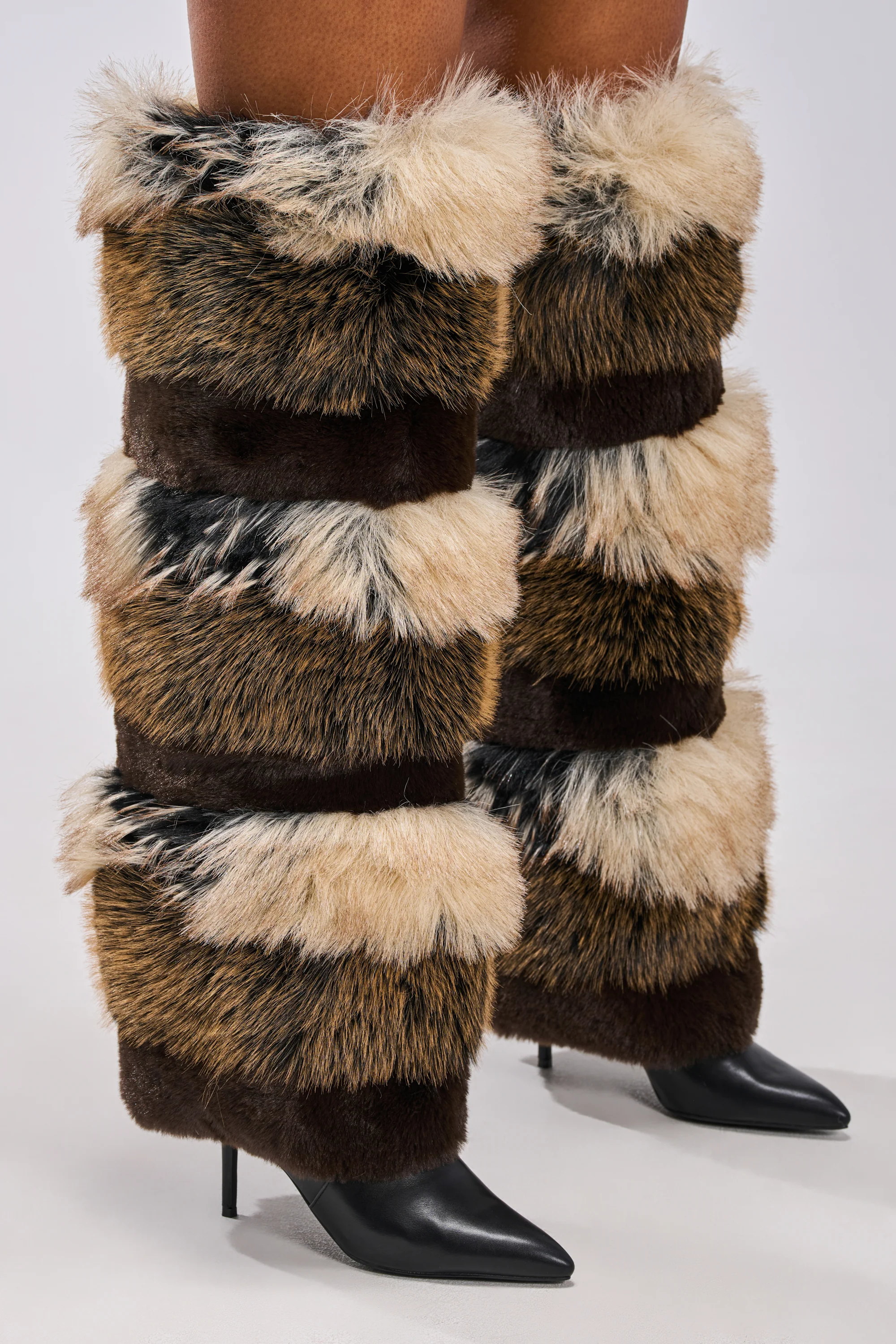 AZALEA WANG LANGLAU BROWN MULTI STILETTO FUR BOOT