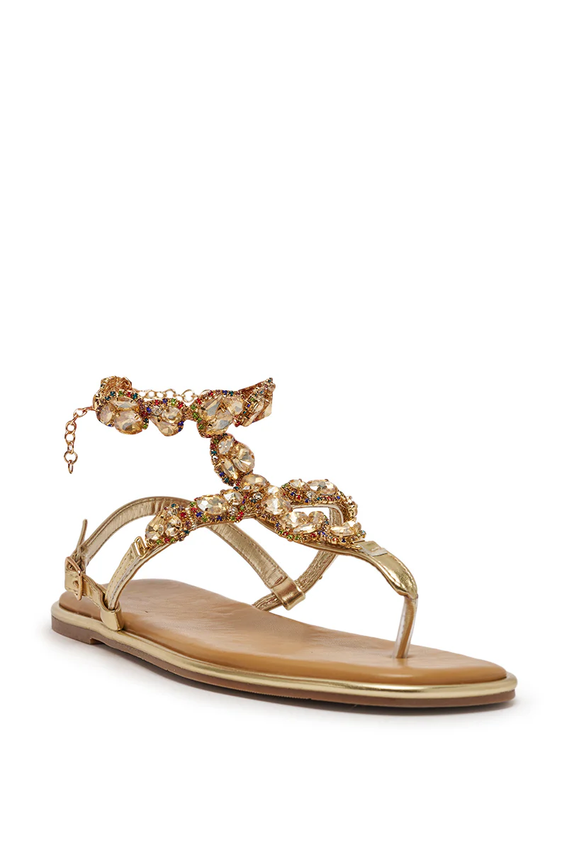 AZALEA WANG LOSKI GOLD METALLIC RHINESTONE EMBELLISHED FLAT STRAP SANDAL - Image 4