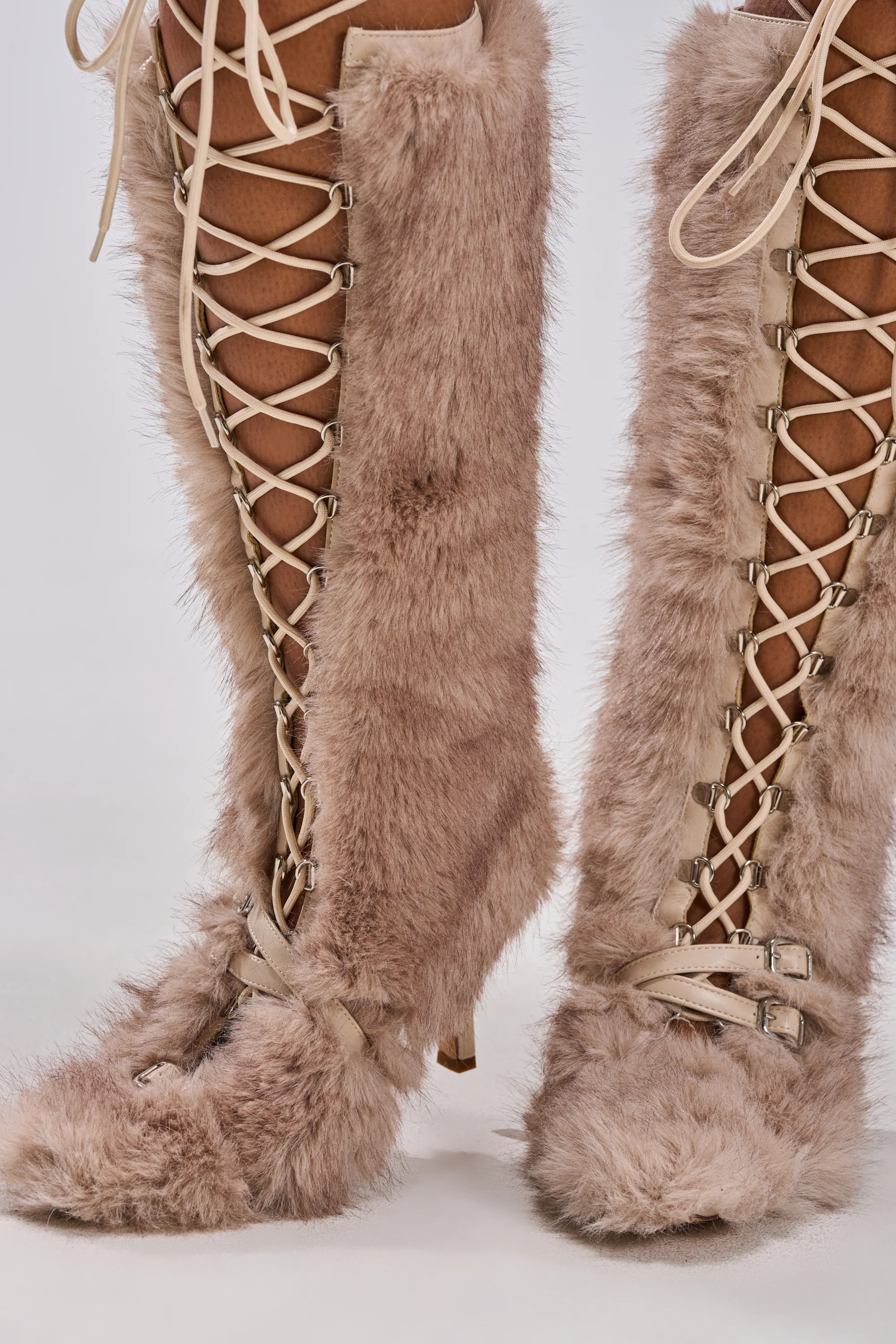 AZALEA WANG LOURDANNE IVORY FUR LACE UP BOOT - Image 3