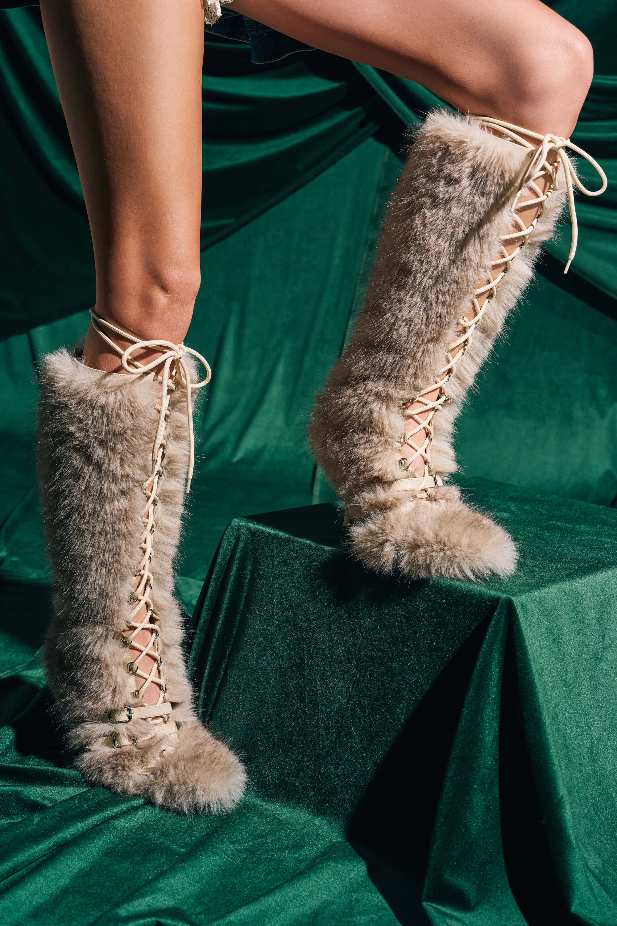 AZALEA WANG LOURDANNE IVORY FUR LACE UP BOOT - Image 4