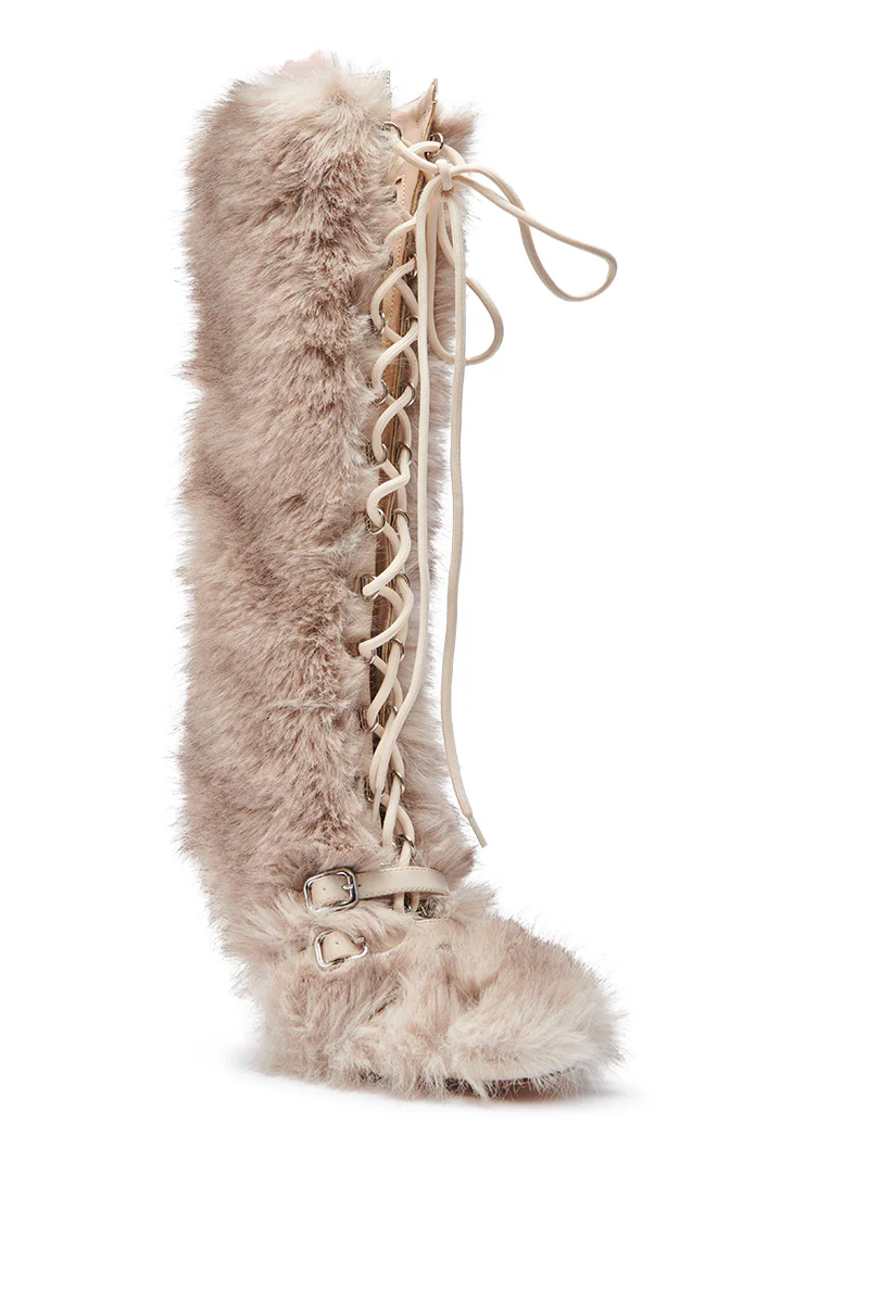 AZALEA WANG LOURDANNE IVORY FUR LACE UP BOOT - Image 9