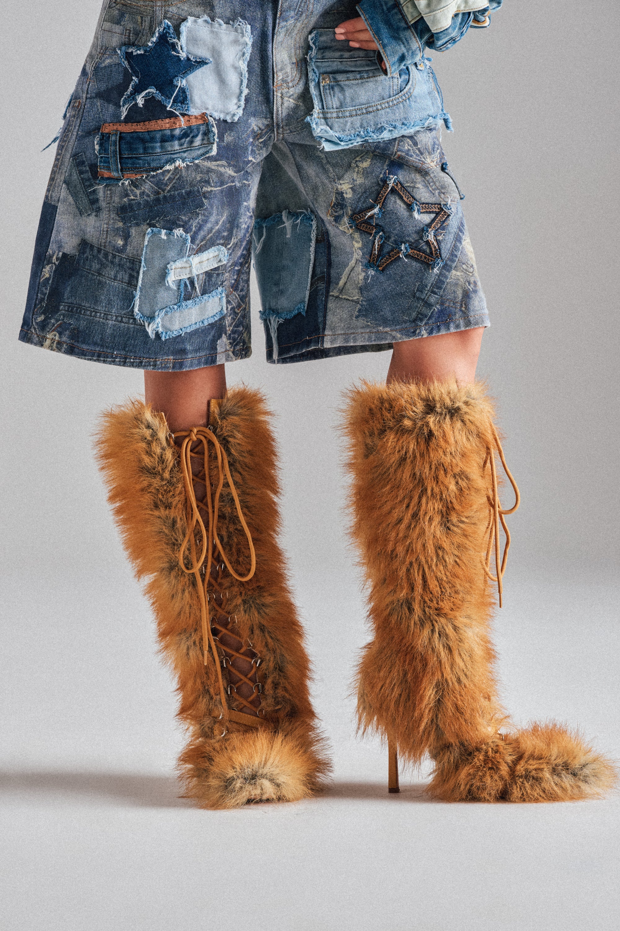 AZALEA WANG LOURDANNE TAN FUR LACE UP STILETTO BOOT - Image 2
