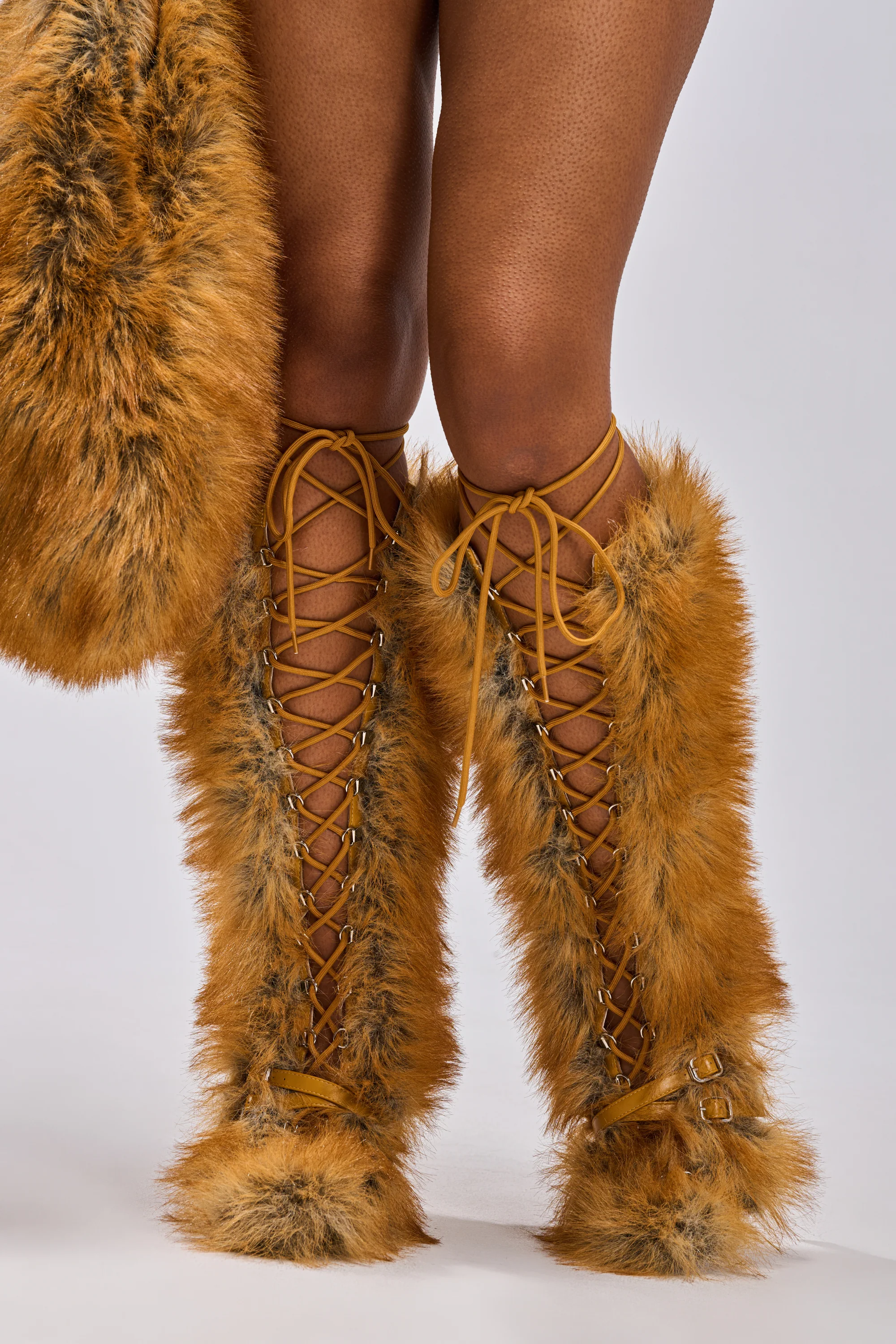 AZALEA WANG LOURDANNE TAN FUR LACE UP STILETTO BOOT - Image 3
