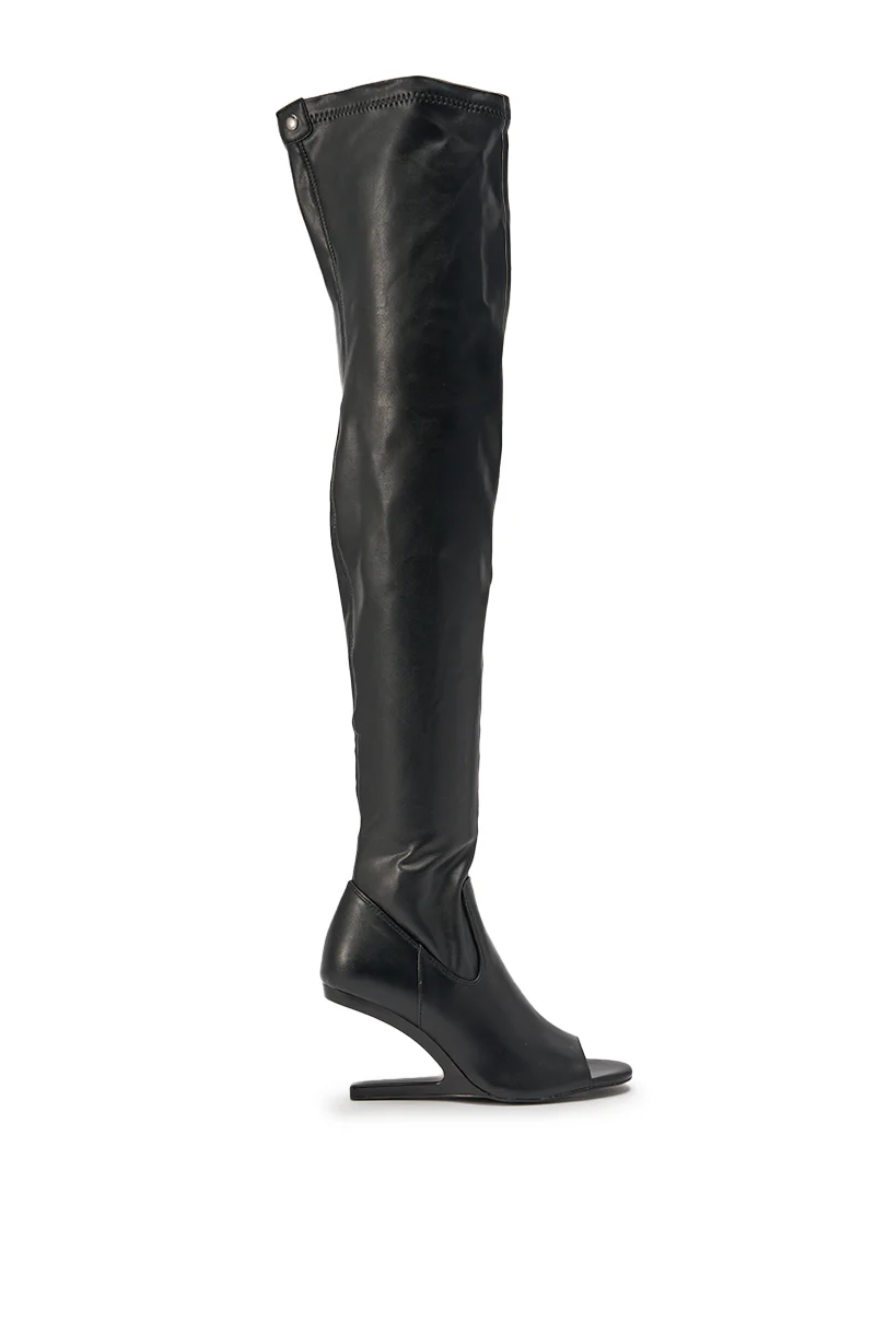 AZALEA WANG LUMI BLACK OVER THE KNEE OPEN TOE WEDGE BOOT - Image 4