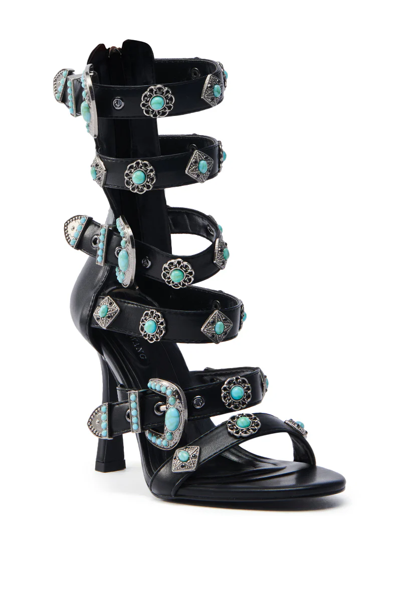 AZALEA WANG MACAW BLACK EMBELLISHED GLADIATOR STILETTO SANDAL - Image 4