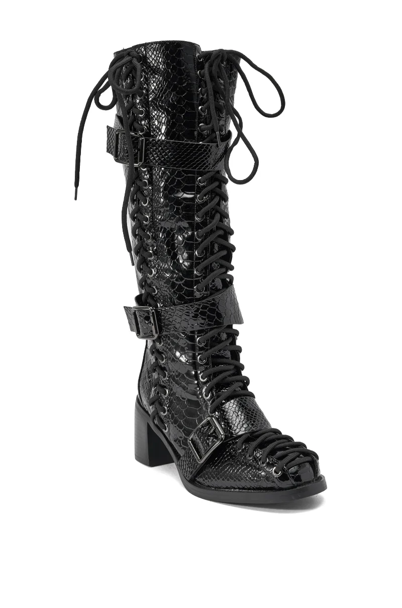 AZALEA WANG MAKAR BLACK CROC LACE UP DETAIL BOOT - Image 5