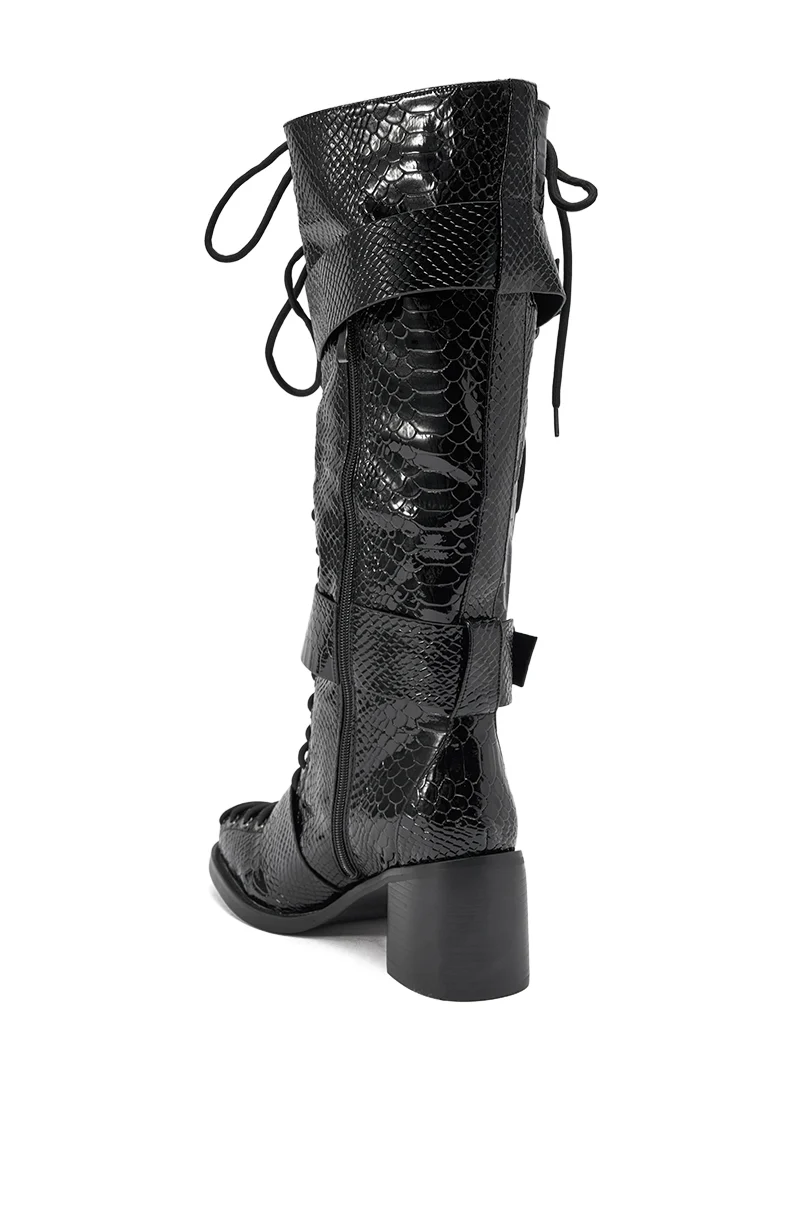 AZALEA WANG MAKAR BLACK CROC LACE UP DETAIL BOOT - Image 6