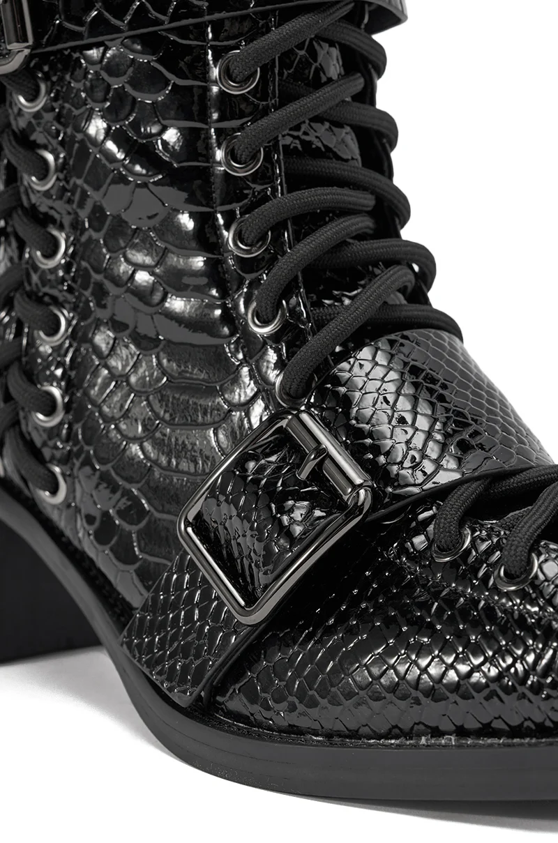 AZALEA WANG MAKAR BLACK CROC LACE UP DETAIL BOOT - Image 8