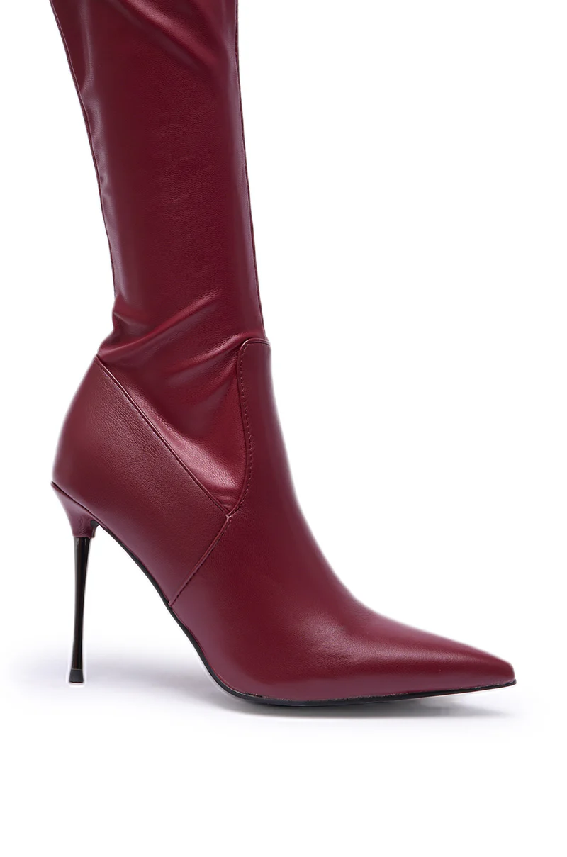 AZALEA WANG MILANDRA BURGUNDY STRETCH PU THIGH HIGH BOOT - Image 10