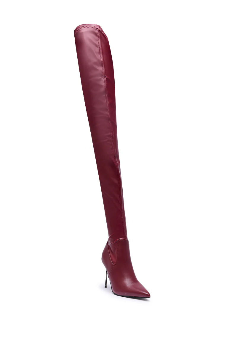 AZALEA WANG MILANDRA BURGUNDY STRETCH PU THIGH HIGH BOOT - Image 8