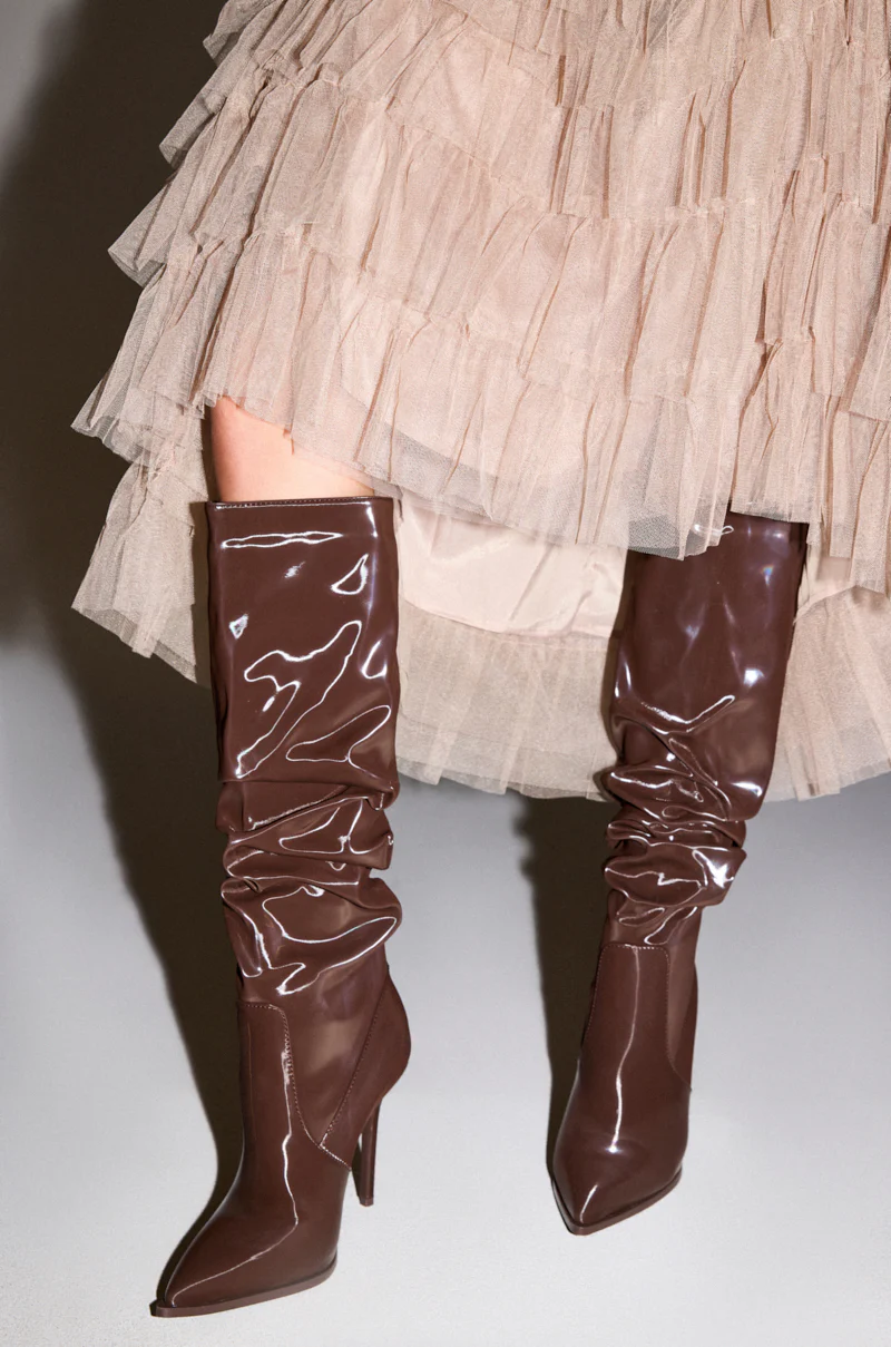 AZALEA WANG MITICA DARK BROWN PATENT RUCHED SEXY BOOT - Image 3