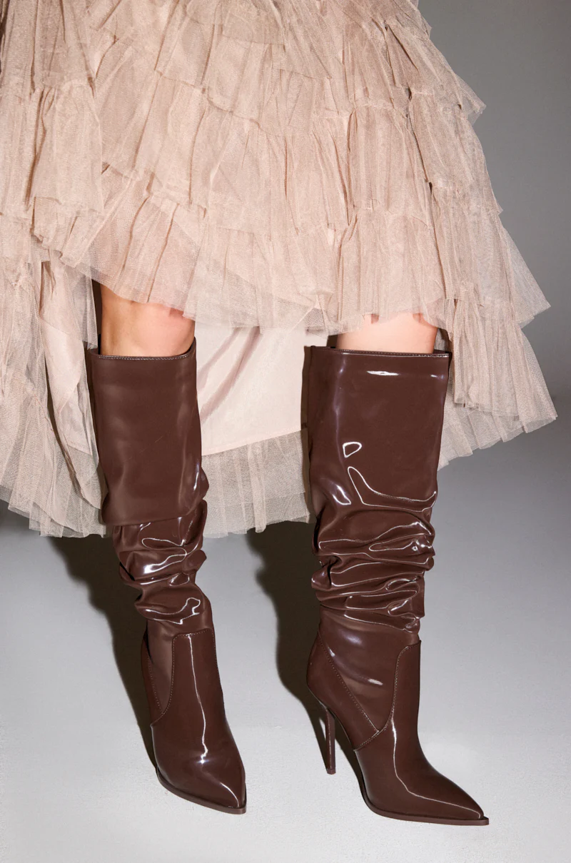 AZALEA WANG MITICA DARK BROWN PATENT RUCHED SEXY BOOT - Image 4