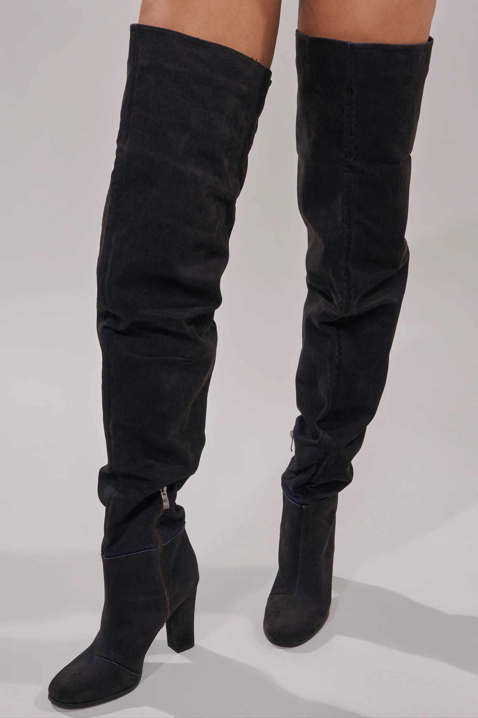 AZALEA WANG NANETTE BLACK DENIM SLOUCHY BLACK ROUND TOE CHUNKY BOOT
