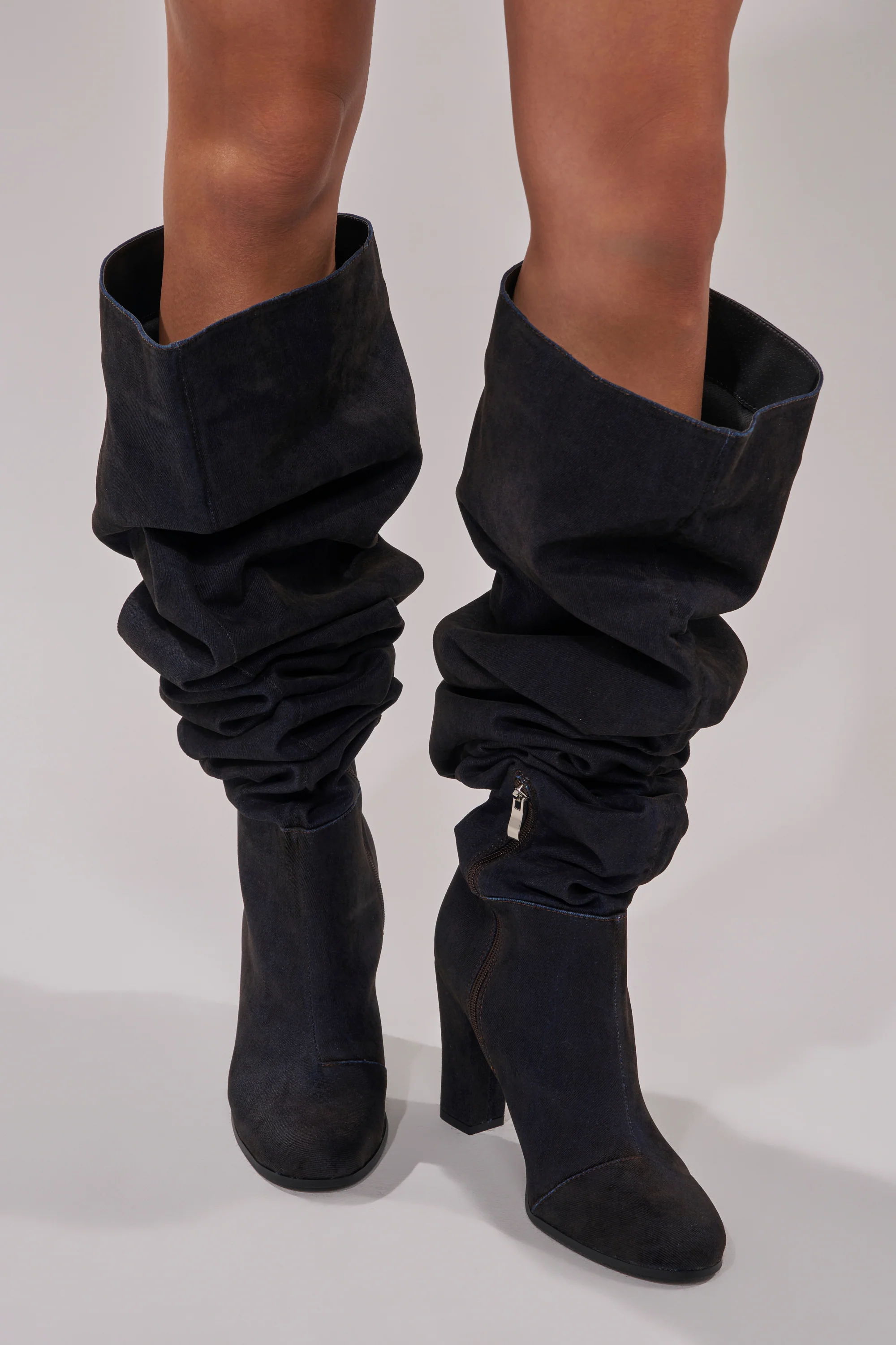 AZALEA WANG NANETTE BLACK DENIM SLOUCHY BLACK ROUND TOE CHUNKY BOOT - Image 2