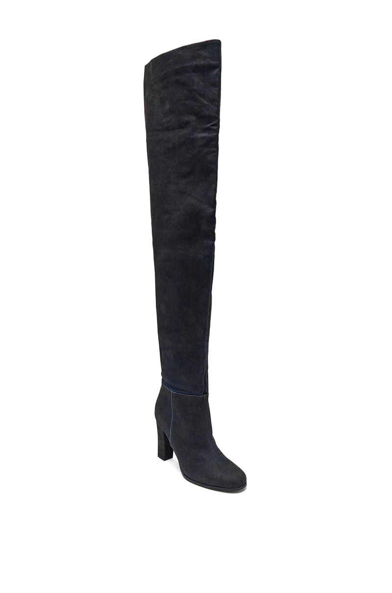 AZALEA WANG NANETTE BLACK DENIM SLOUCHY BLACK ROUND TOE CHUNKY BOOT - Image 5