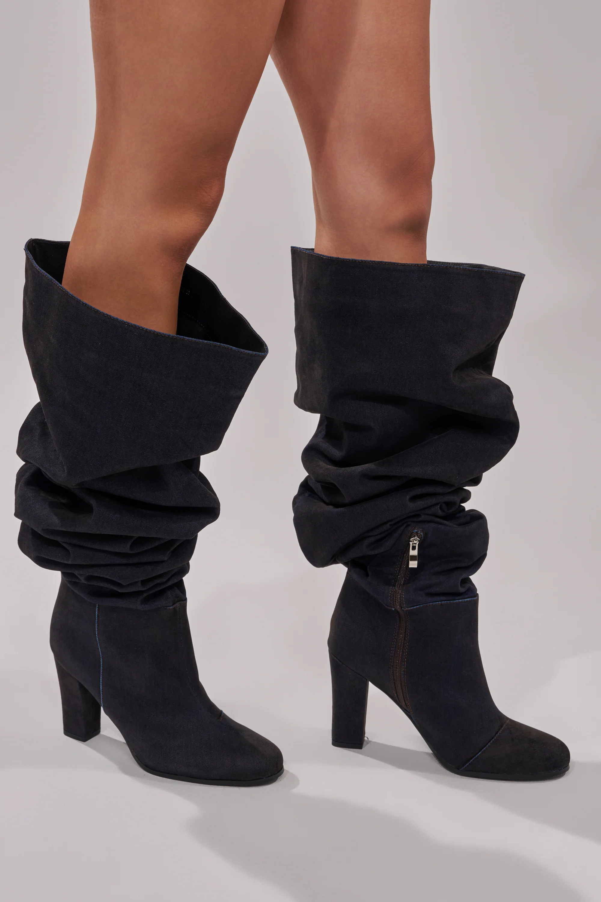 AZALEA WANG NANETTE BLACK DENIM SLOUCHY BLACK ROUND TOE CHUNKY BOOT - Image 8
