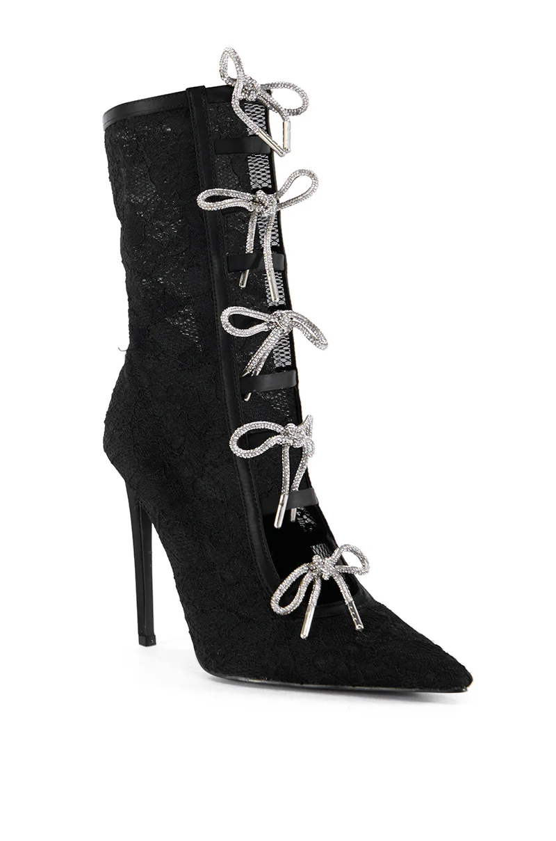 AZALEA WANG NAZANIN BLACK LACE BOOTIE WITH RHINESTONE BOWS - Image 4