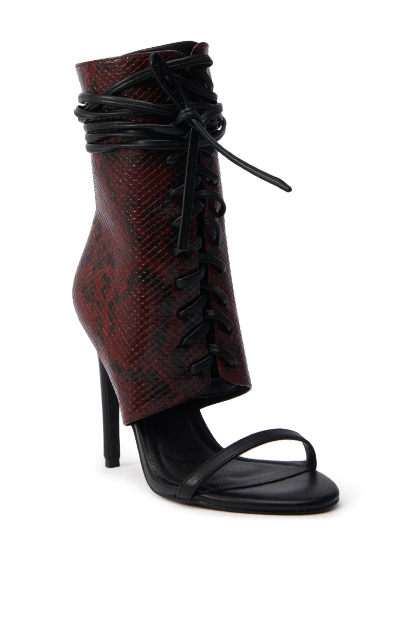 AZALEA WANG NOLYN BURGUNDY SNAKE OPEN TOE BOOTIE - Image 3
