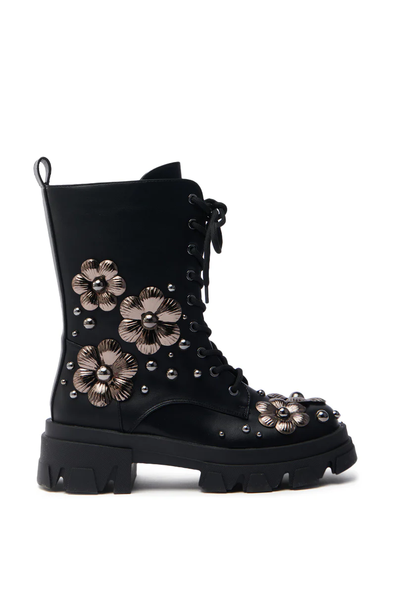AZALEA WANG ORQUIDEA BLACK FLORAL EMBELLISHED COMBAT BOOTIE - Image 4