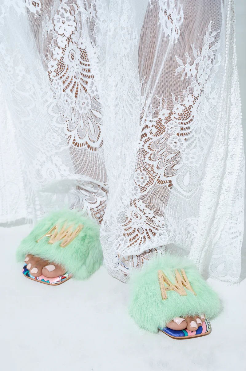 AZALEA WANG RAFAELA GREEN SLIP ON FURRY SANDAL