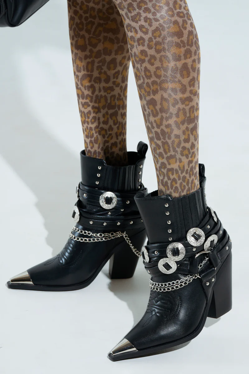 AZALEA WANG RIGGINS BLACK SILVER HARDWARE EMBELLISHED WESTERN BOOTIE - Image 6