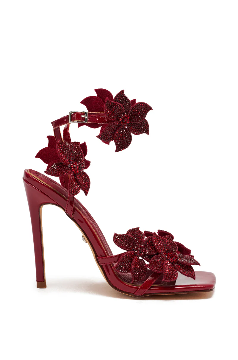 AZALEA WANG ROMI DARK CHERRY RHINESTONE FLORAL EMBELLISHED SANDAL - Image 2