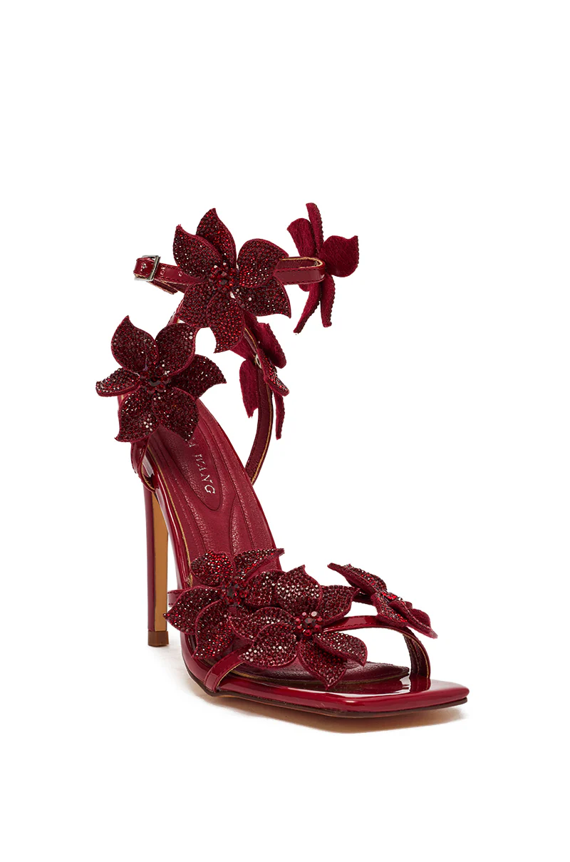 AZALEA WANG ROMI DARK CHERRY RHINESTONE FLORAL EMBELLISHED SANDAL - Image 3