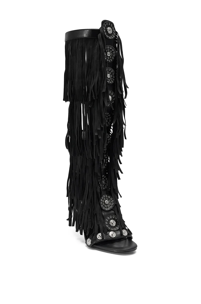 AZALEA WANG SAMEYANA BLACK FRINGE AND METAL STILETTO GLADIATOR SANDAL - Image 4