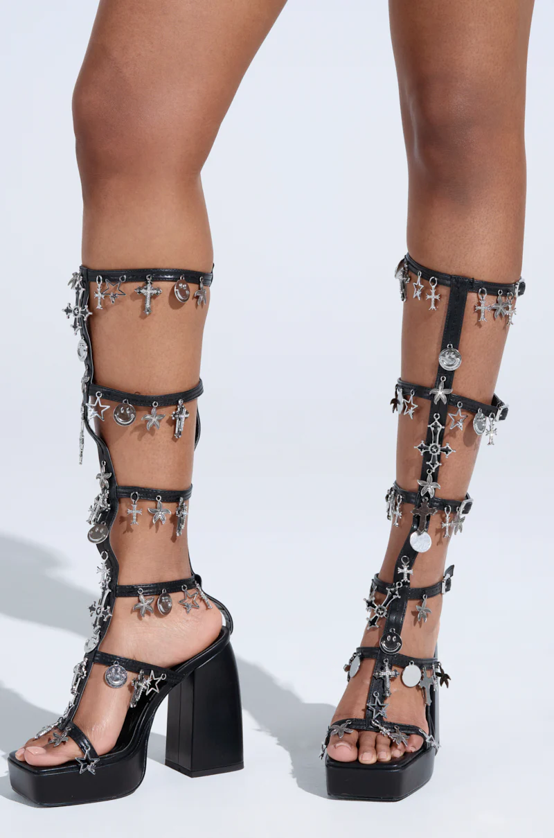 AZALEA WANG SELINDE BLACK SILVER METAL HARDWARE CHUNKY HEEL SANDAL