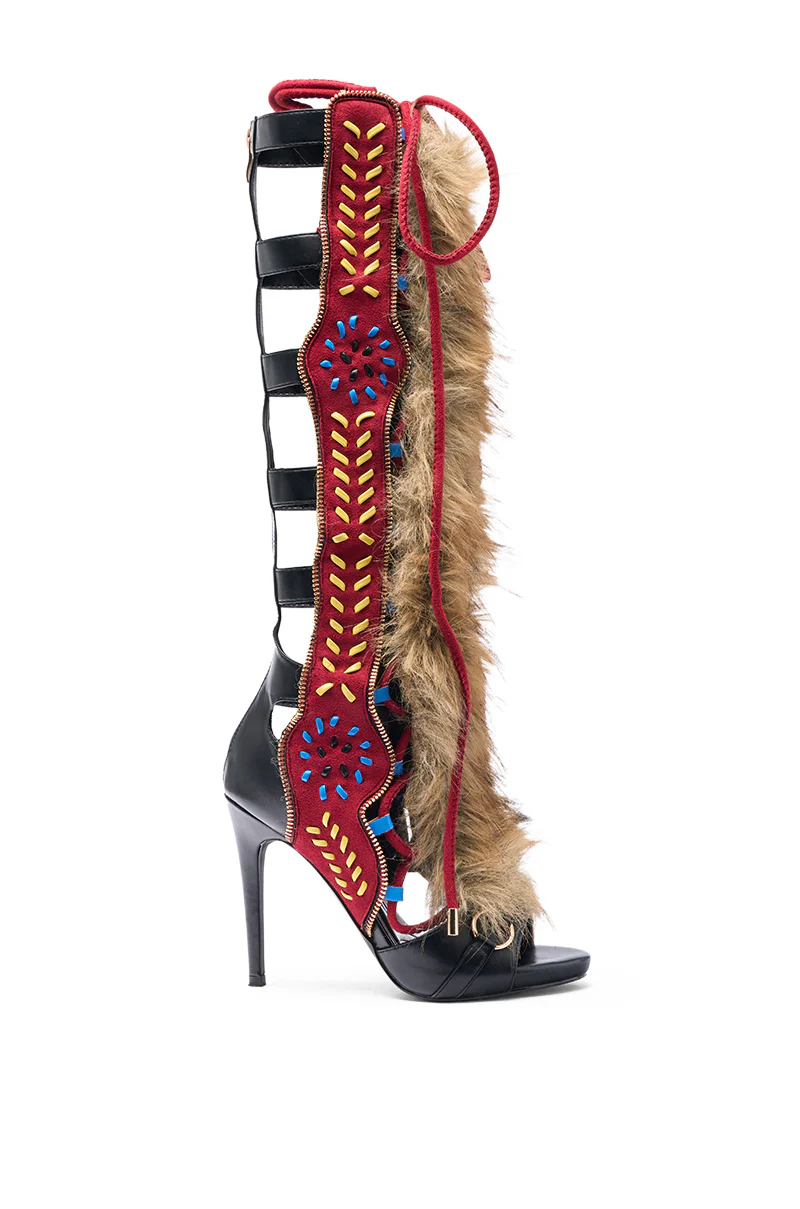 AZALEA WANG SHAINE BLACK MULTI GLADIATOR STITCH AND FUR SANDAL - Image 4