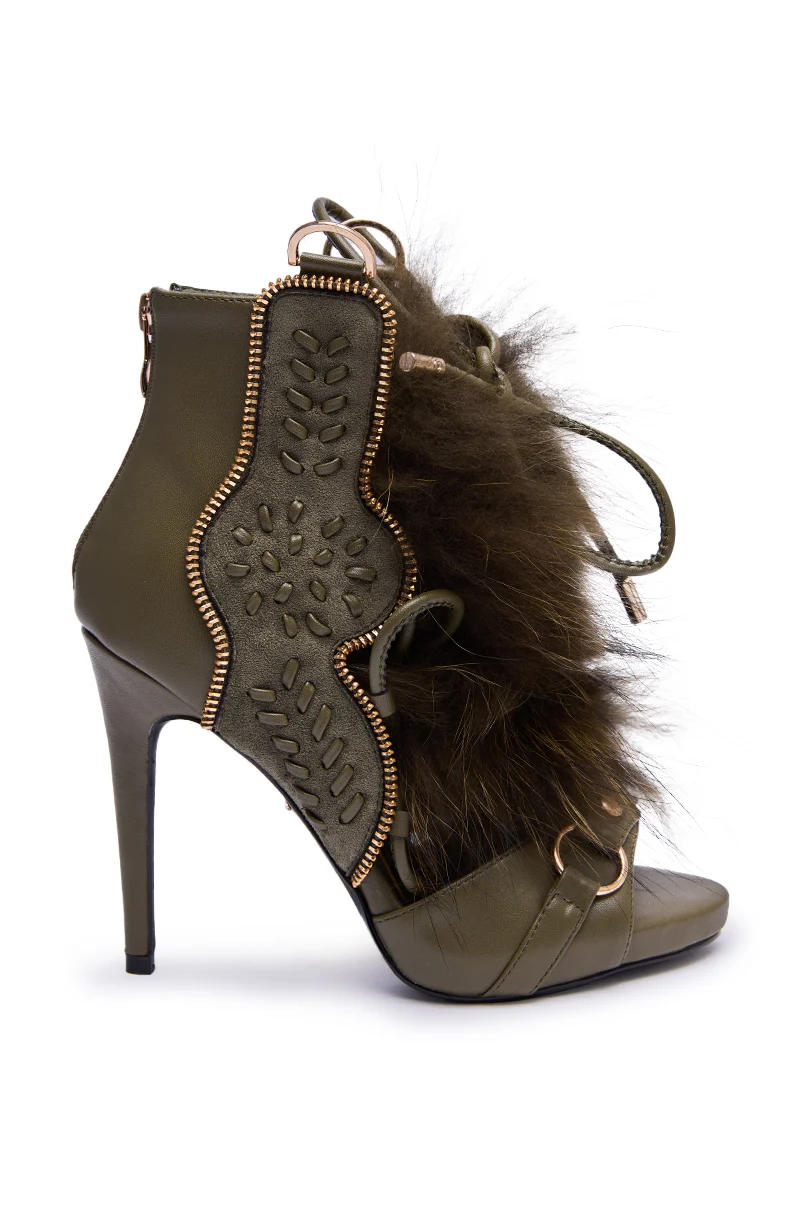 AZALEA WANG SHAINY OLIVE FUR SANDAL - Image 3