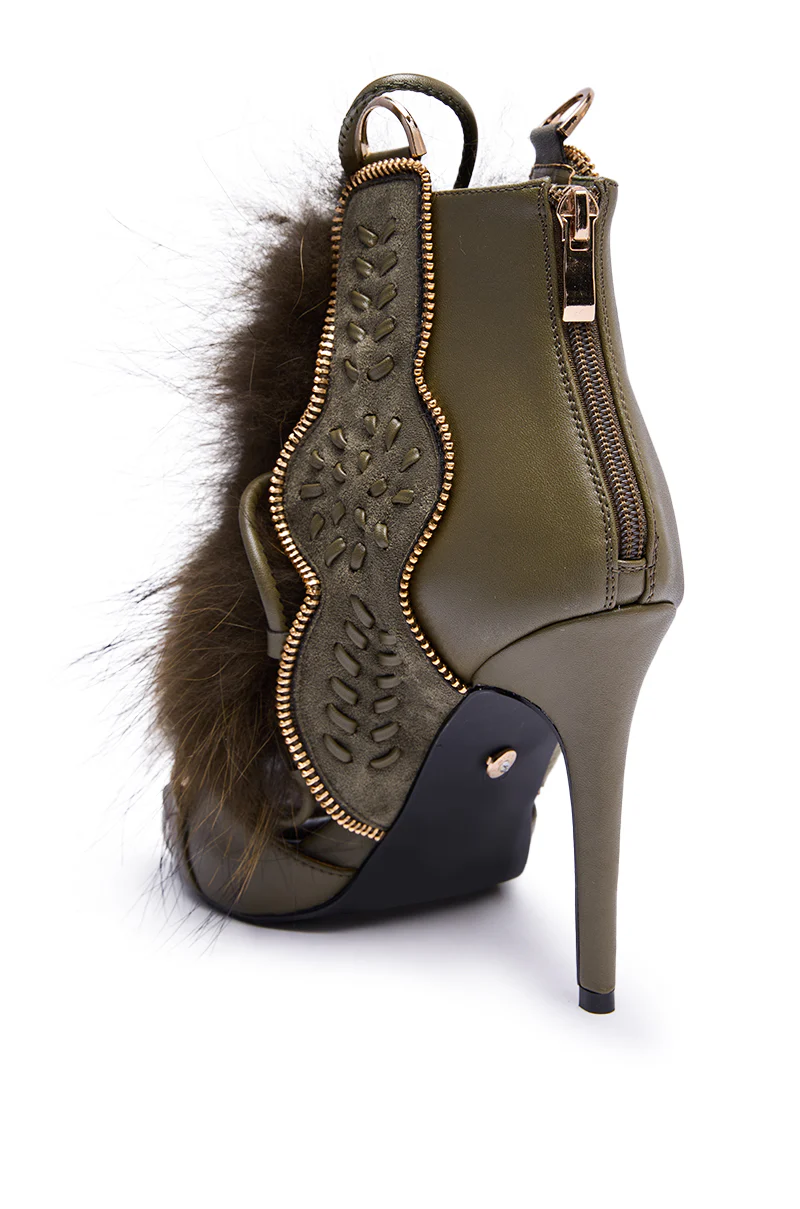 AZALEA WANG SHAINY OLIVE FUR SANDAL - Image 5