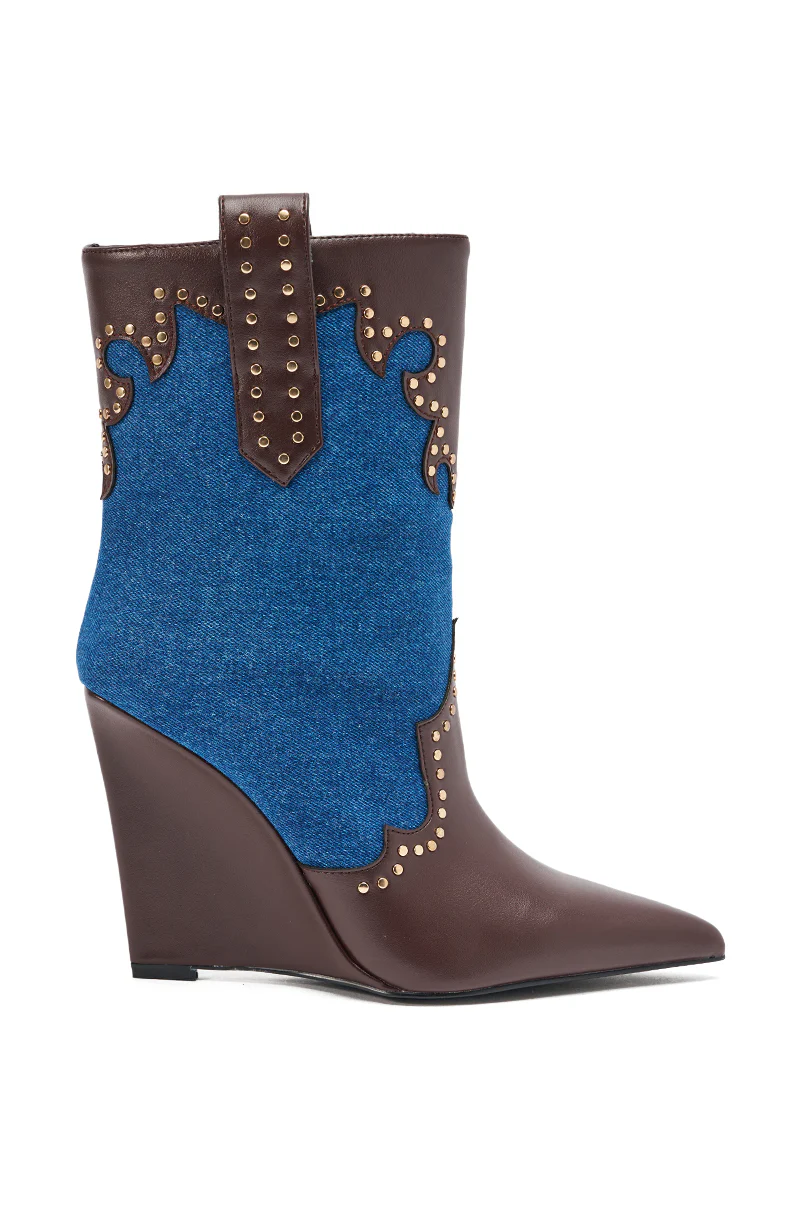 AZALEA WANG TALLULAH DENIM WEDGE WESTERN BOOTIE - Image 6