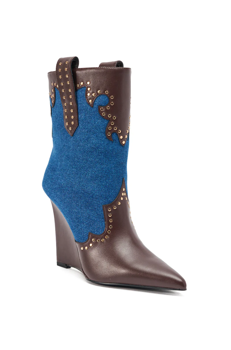 AZALEA WANG TALLULAH DENIM WEDGE WESTERN BOOTIE - Image 7