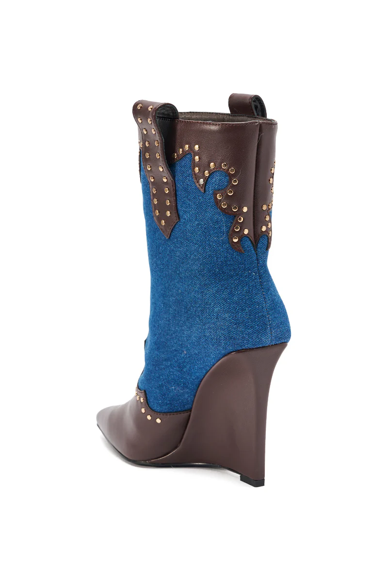 AZALEA WANG TALLULAH DENIM WEDGE WESTERN BOOTIE - Image 8