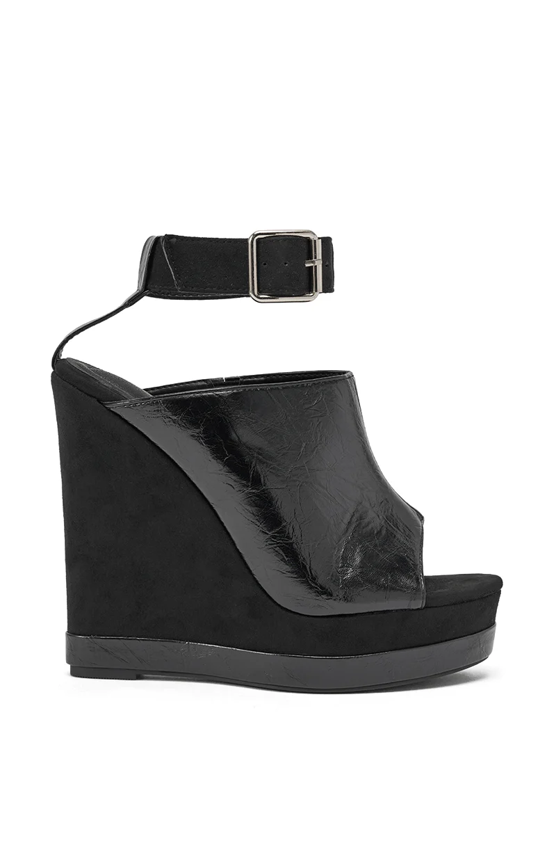 AZALEA WANG TANA BLACK MIXED MATERIAL WEDGE - Image 4