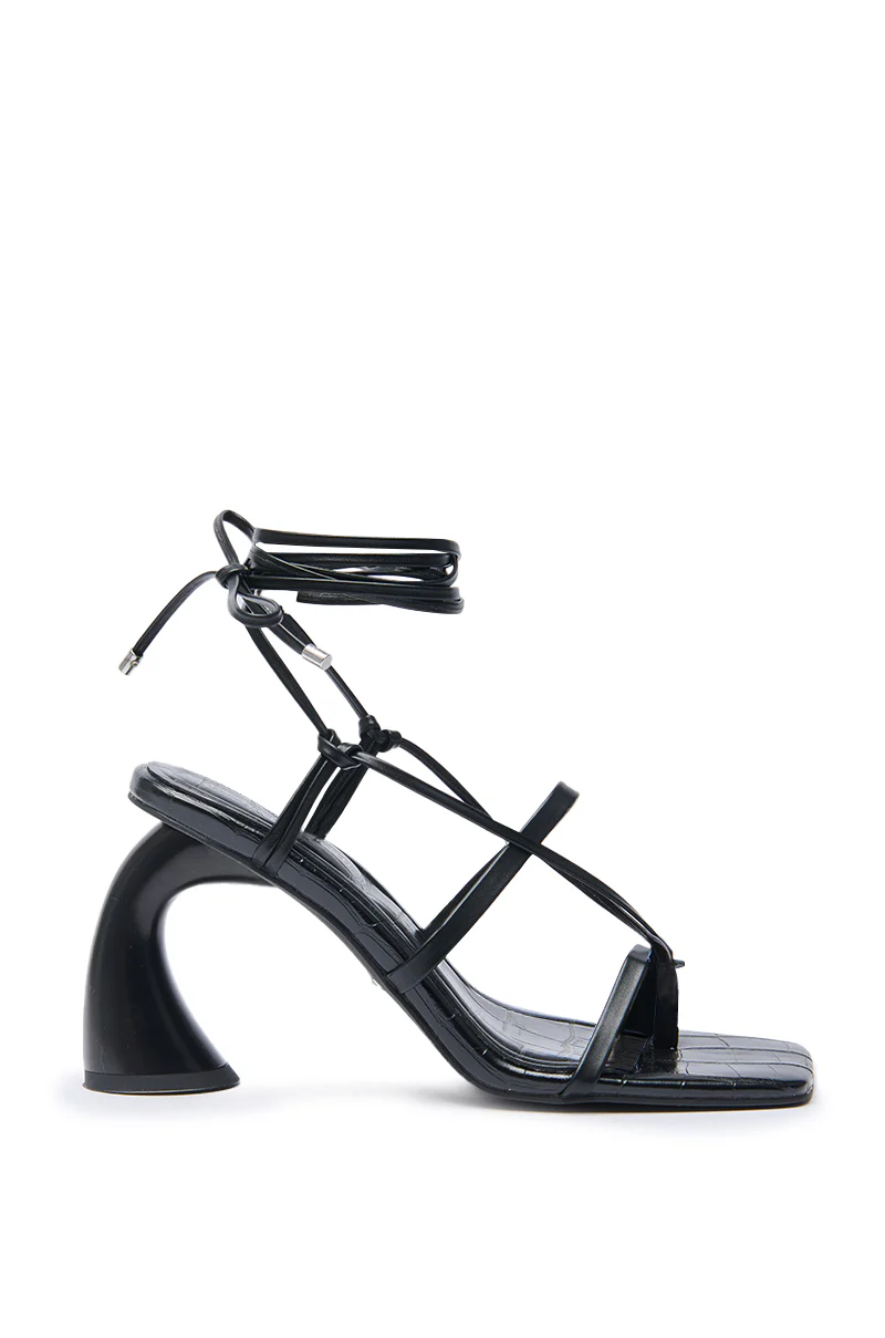 AZALEA WANG TARANIS BLACK CURVED CHUNKY HEEL LACE UP SANDAL - Image 3