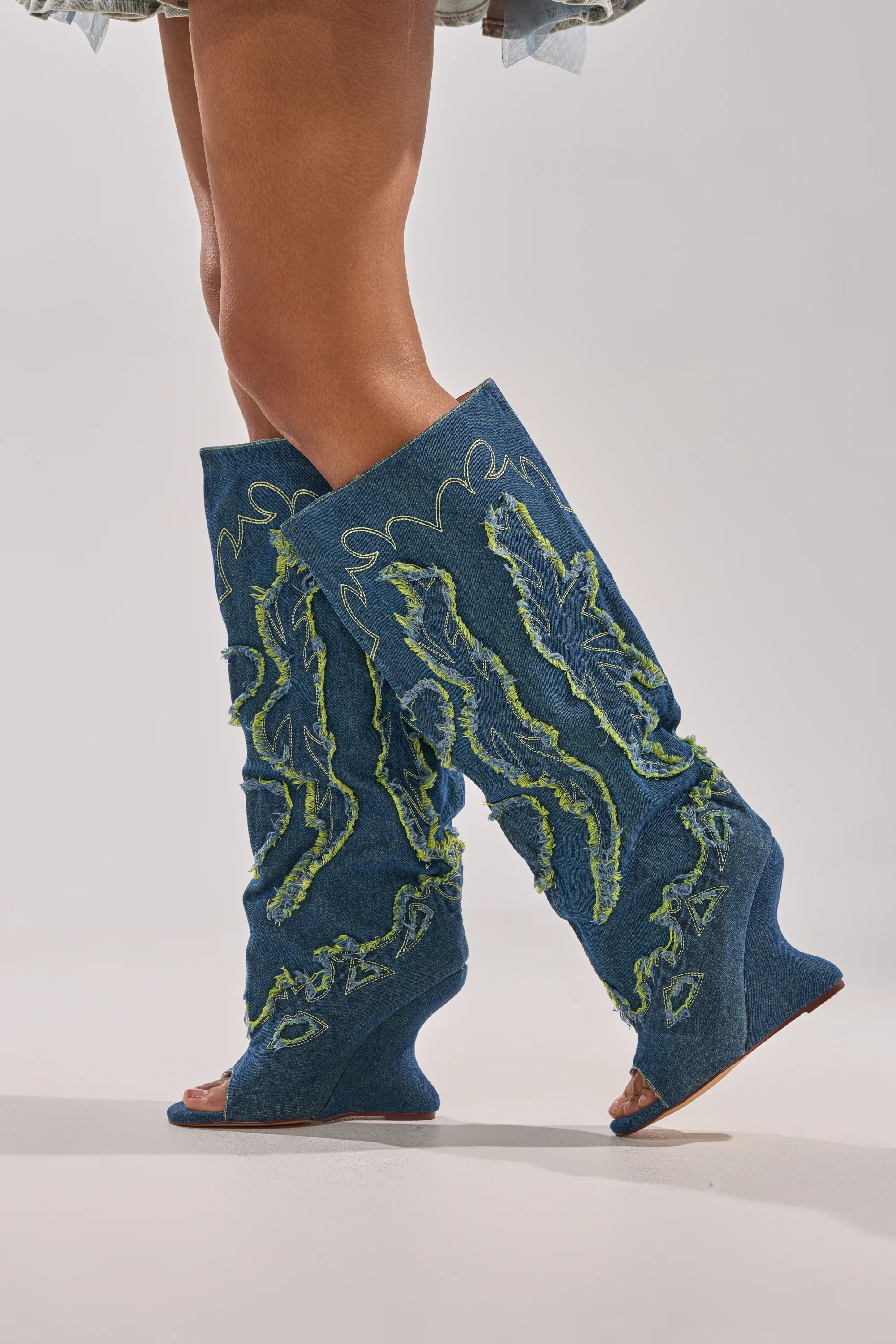 AZALEA WANG VIANCA GREEN MULTI DENIM WEDGE BOOT - Image 2
