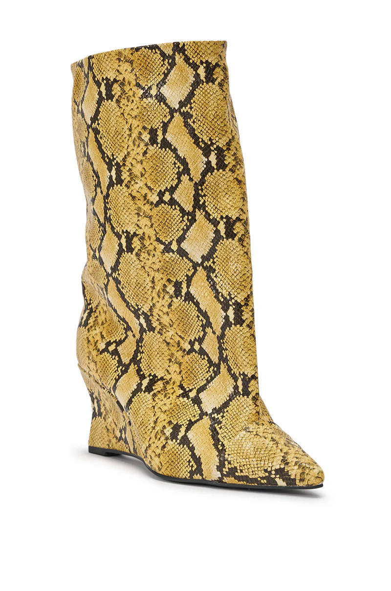 AZALEA WANG VINCI YELLOW SNAKE PU PRINT WEDGE BOOTIE - Image 4