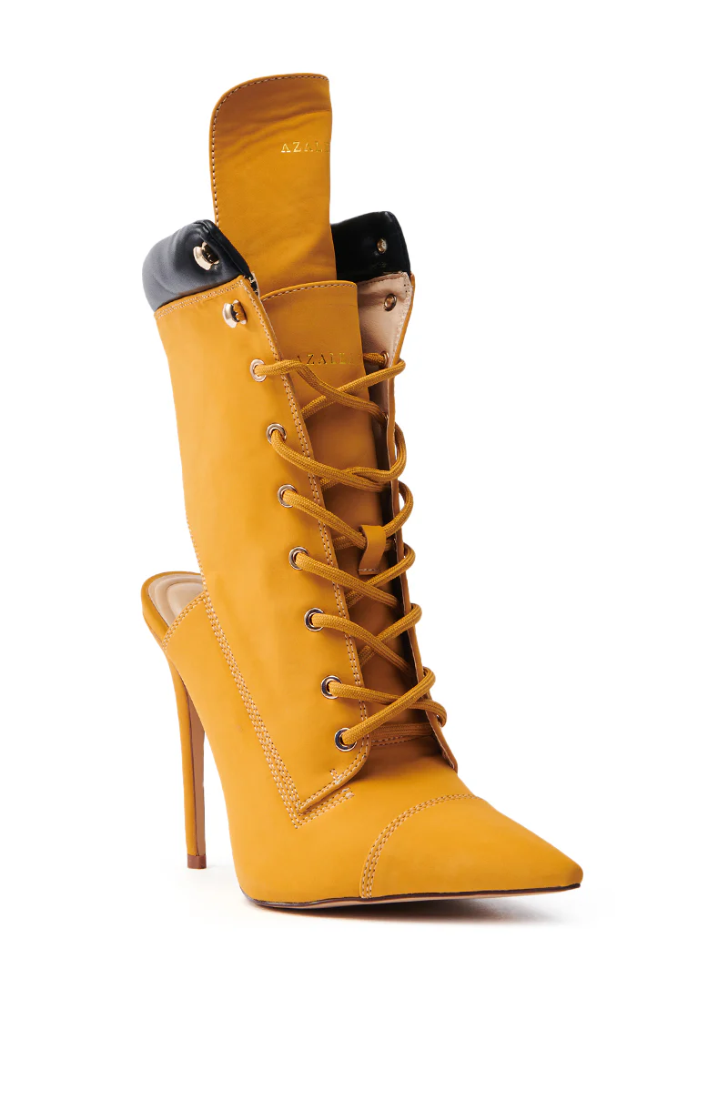 AZALEA WANG XIOMARA YELLOW LACE UP STILETTO BOOTIE - Image 6