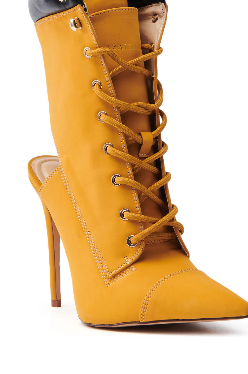 AZALEA WANG XIOMARA YELLOW LACE UP STILETTO BOOTIE - Image 8
