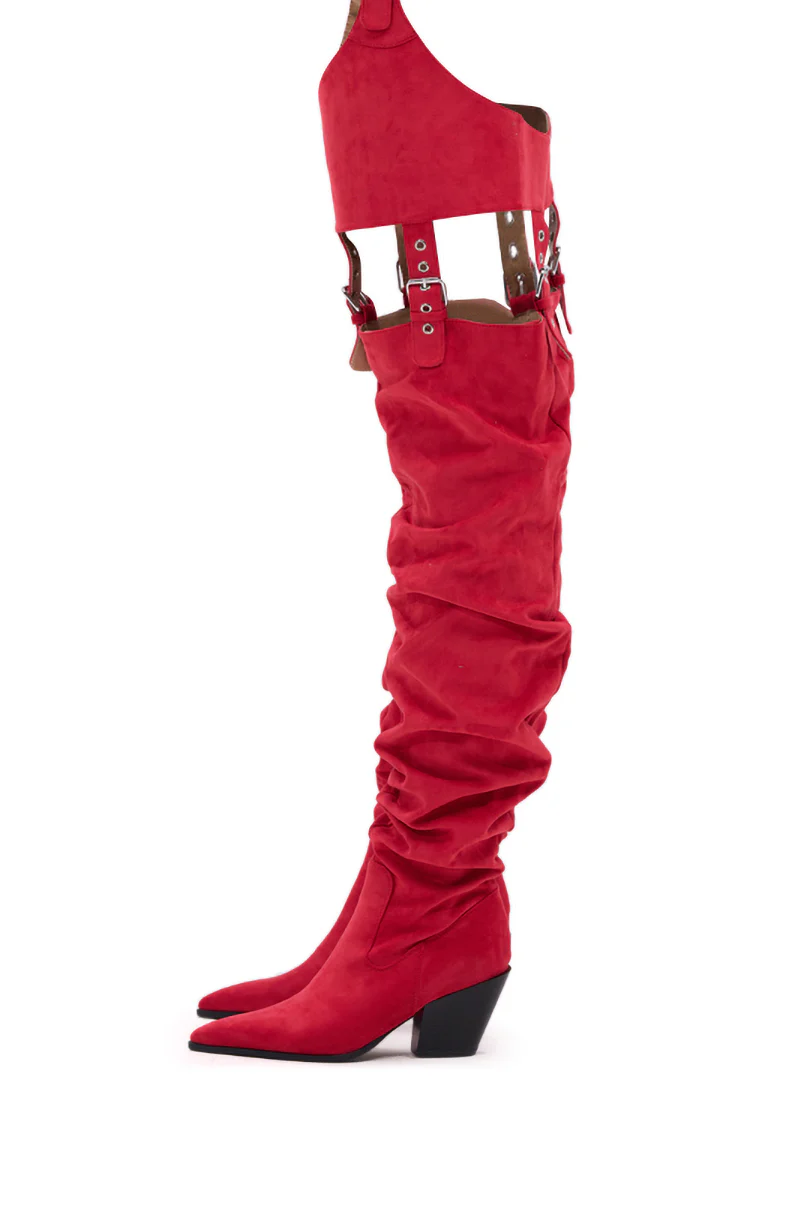 AZALEA WANG XOMARIA RED FAUX SUEDE WESTERN CHAP BOOT - Image 10