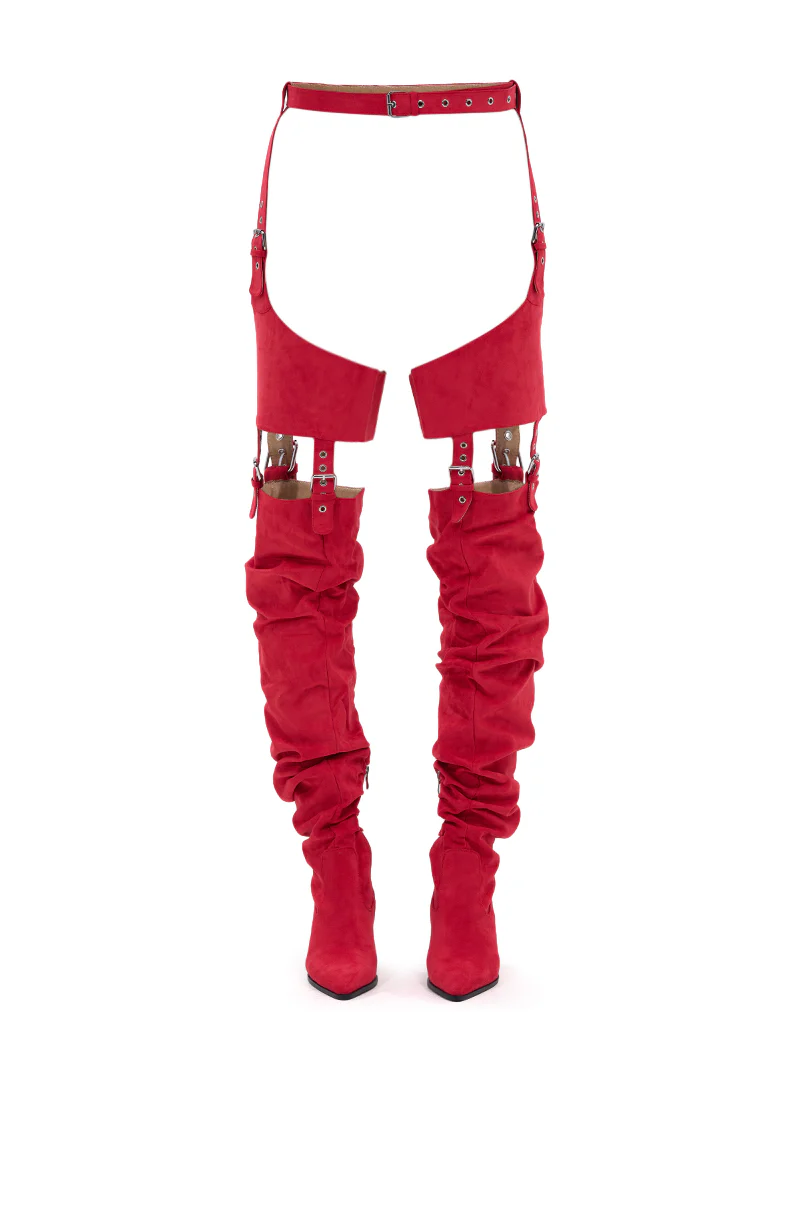 AZALEA WANG XOMARIA RED FAUX SUEDE WESTERN CHAP BOOT - Image 7