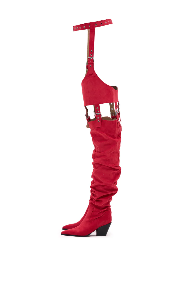 AZALEA WANG XOMARIA RED FAUX SUEDE WESTERN CHAP BOOT - Image 8